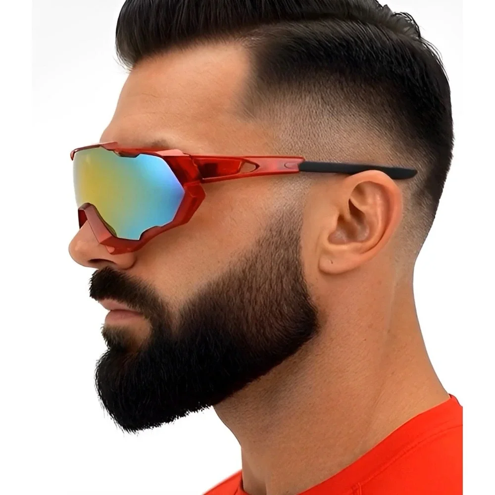 Mens Red Sport Shield Sunglasses Mirrored Lens Cycling Mountain‎ Biking Eyewear